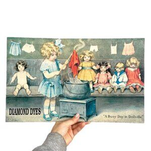 Vintage Diamond Dyes "A Busy Day in Dollville" Metal Sign - made in the USA 🇺🇸